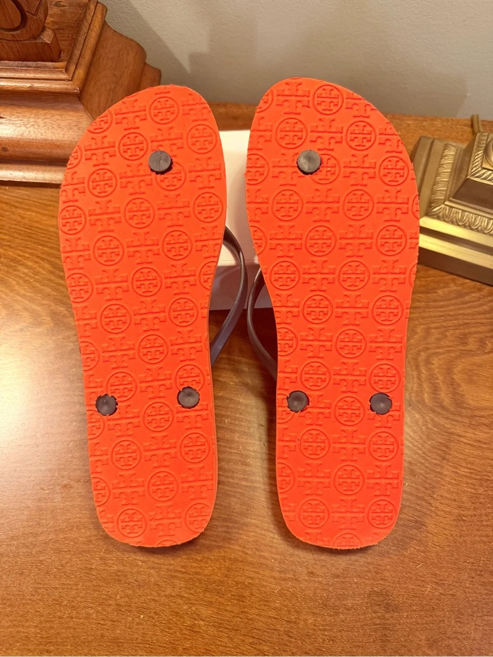 Tory Burch Cream Orange Striped Flip Flop Sandals with Navy Straps Size 11